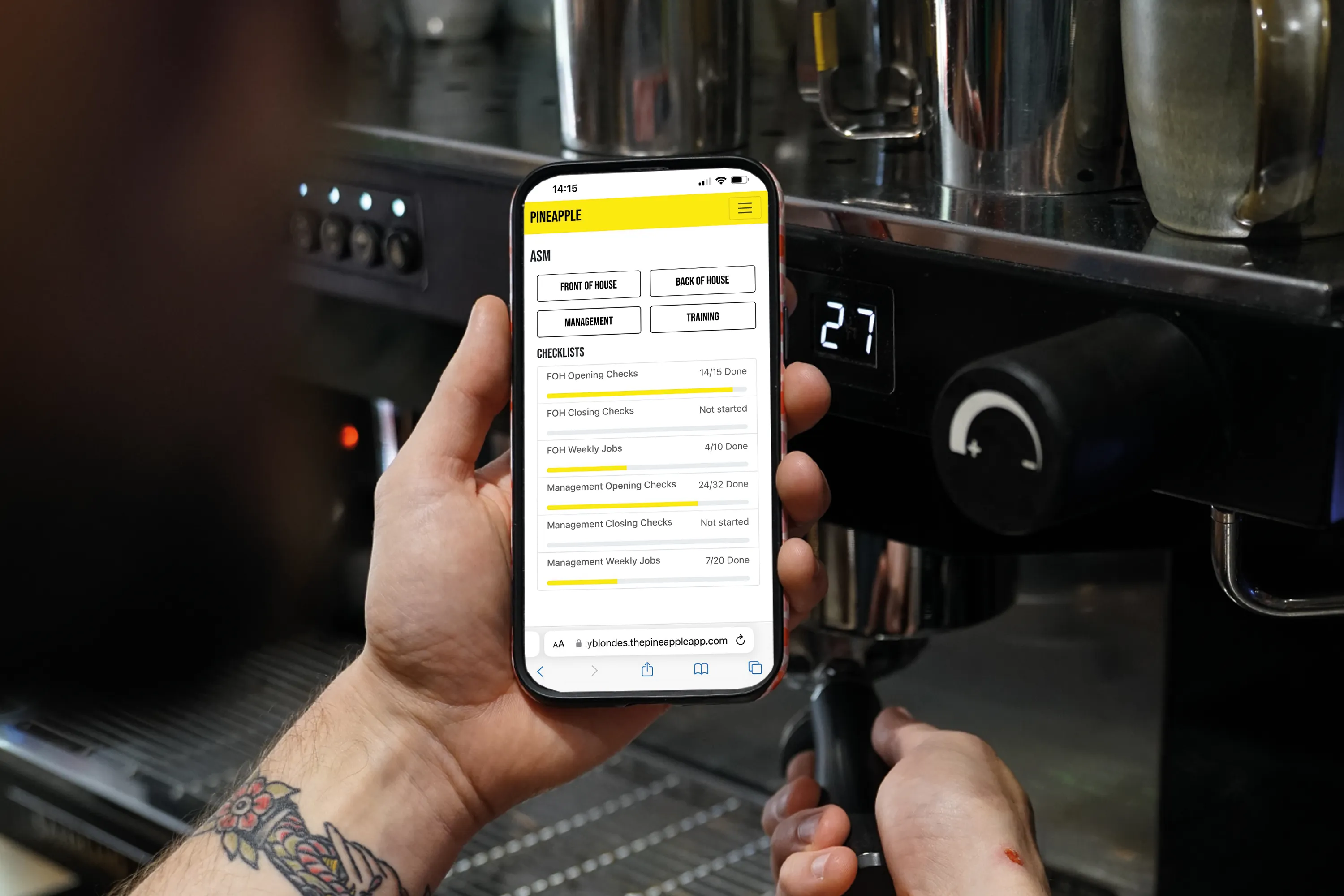 Pineapple app for food safety being used by a barista